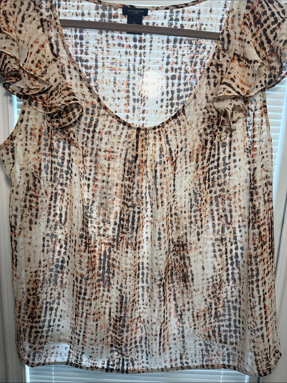 Ann Taylor Beige and Brown Ruffle Scoop Neck Blouse